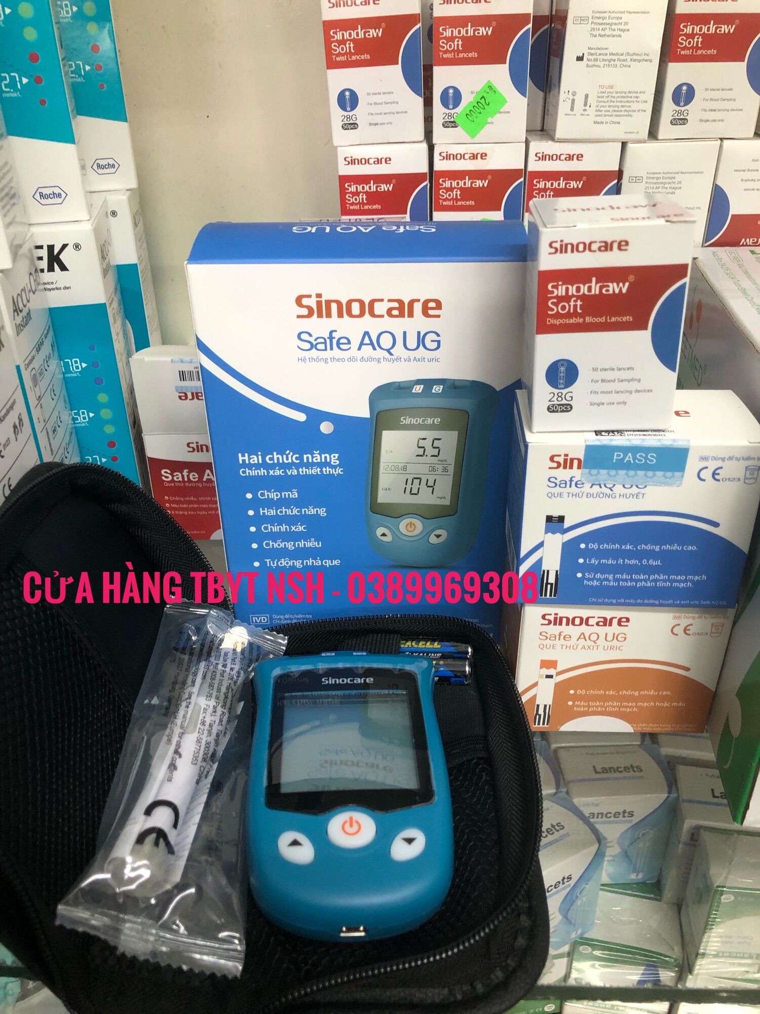 ❤️ Máy đo đường huyết tiểu đường 2 trong 1 Sinocare Safe AQ UG +50 que thử đường huyết sinocare+ 50 que thử Axit Uric sinocare + 50 kim lấy máu Máy Đo Đường Huyết/ axit Uric Sinocare AQ UG