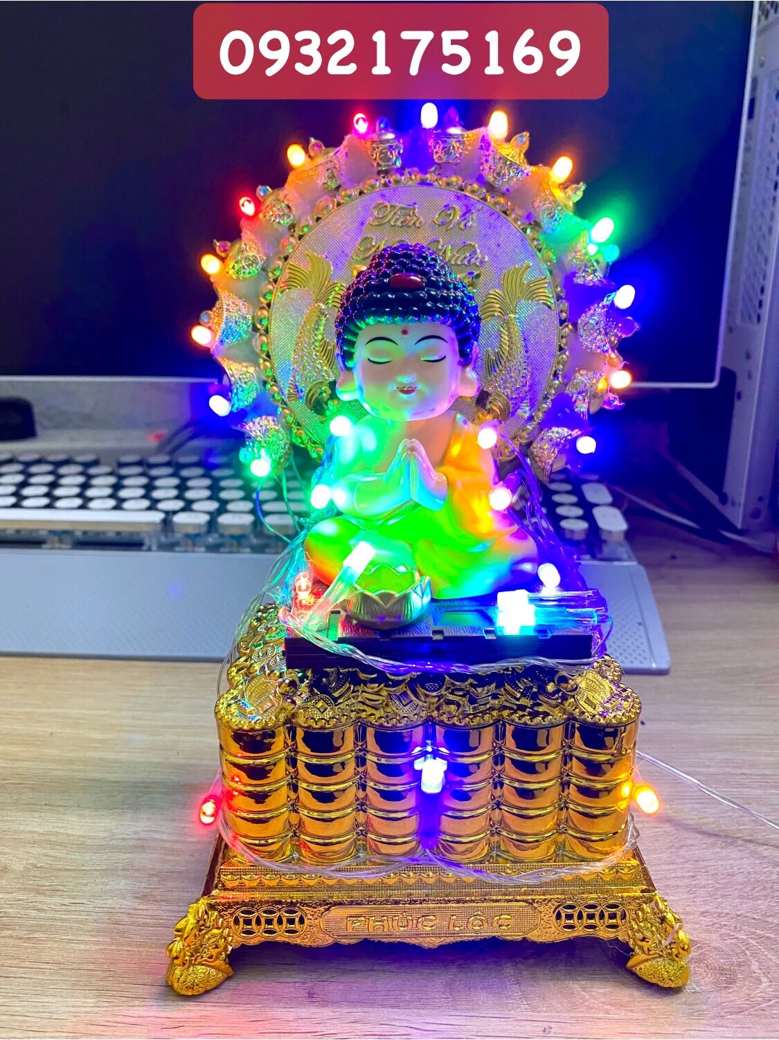 Phật Adida toạ tháp vàng rồng hào quang có đèn