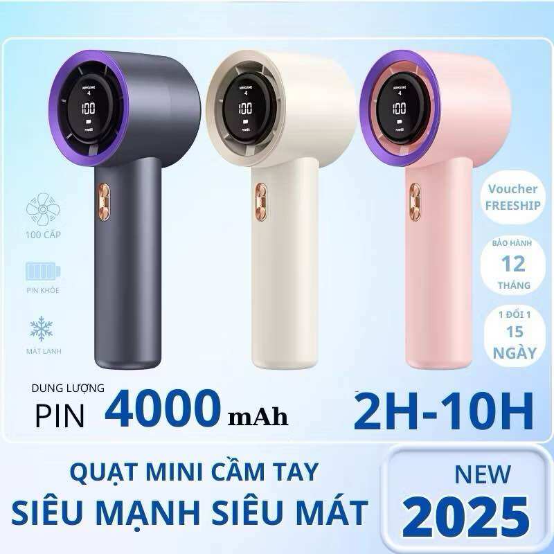 Quạt Turbo Siêu Gió 4000mAh Dung Lượng Lớn Dùng 15 Tiếng, 100 Cấp Độ Gió Lạnh, Quạt Cầm Tay Động Cơ 3 Pha Tốc Độ Gấp 10x