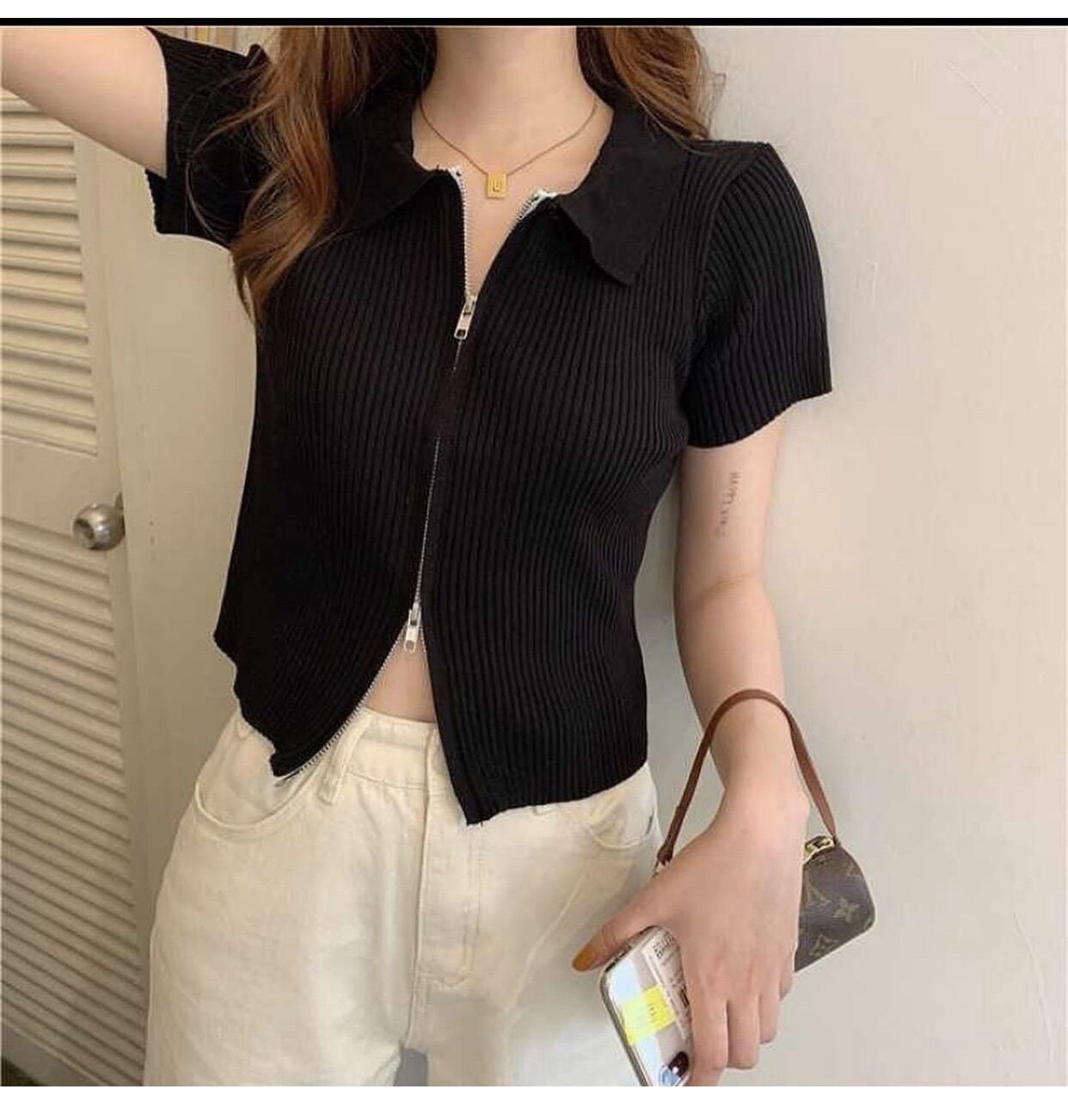 Áo croptop gân dây kéo
