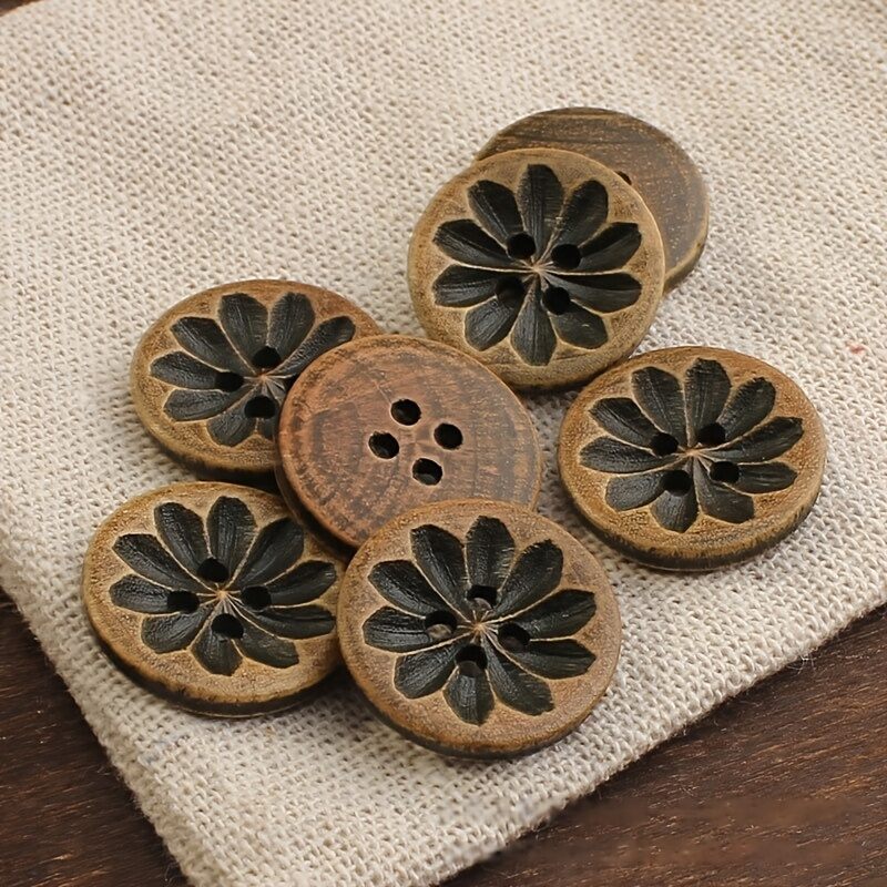 Bộ 10 Nút Gỗ Khắc Tay Phong Cách Cổ Điển 4 Lỗ Nút Áo Kiểu Tự Nhiên Dùng Cho Áo Cardigan & Áo Khoác