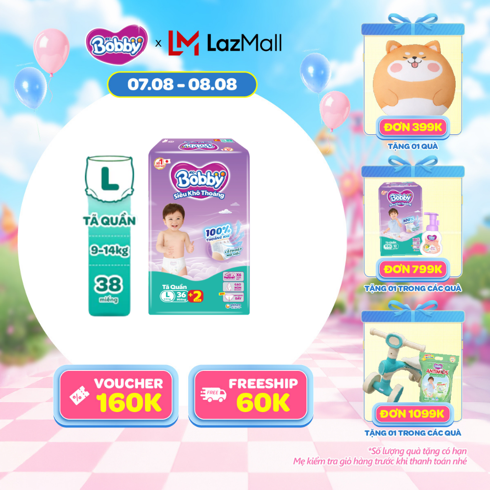 [20g 7-10.8 QUÀ TO] Tã quần Bobby Siêu Khô Thoáng - 100% Thoáng Khí Jumbo L38