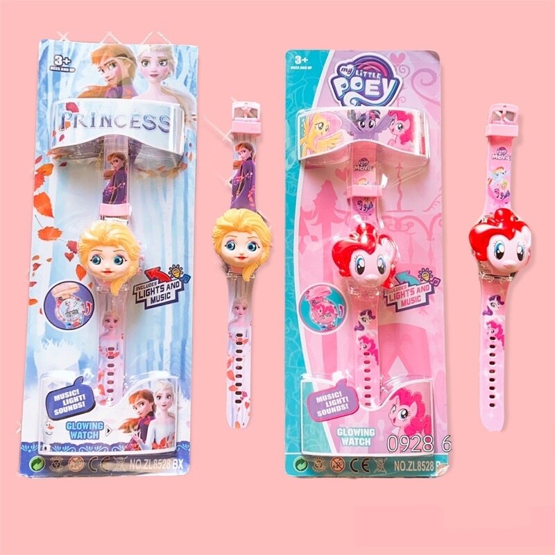 (Có đèn + nhạc) Đồng Hồ Điện Tử cho bé trai Bé gái hoạt hình công chúa Elsa ngựa Pony mèo Kitty cho bé gái đồng hồ nắp lật cho trẻ em