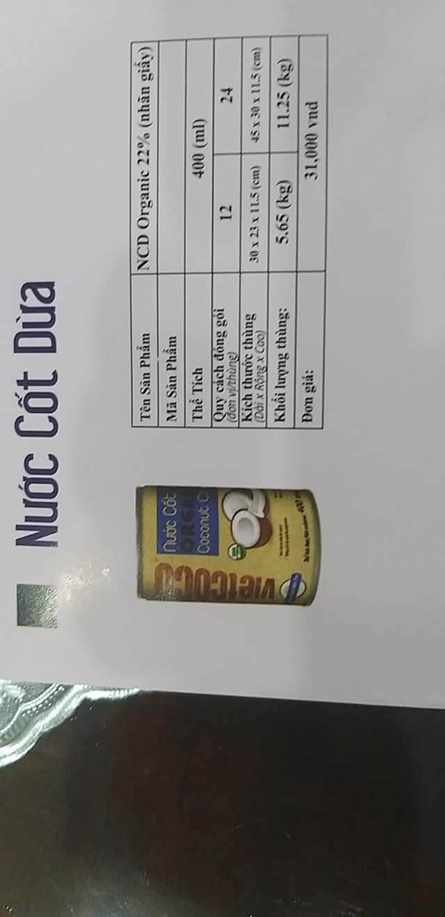 Nước cốt dừa Organic 400ml