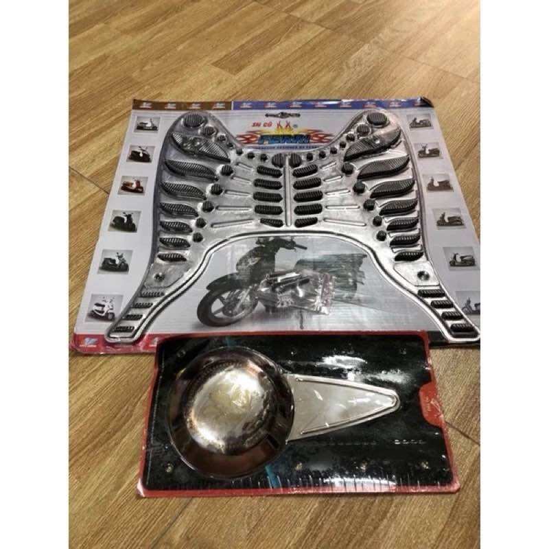 Trọn bộ 2 món Sàn lót chân + Ốp lốc máy (xe SH nhập khẩu Ý đời 2009->2012) inox cao cấp sáng bóng trắng