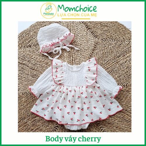 Bodysuit Váy Trắng Thiên Thần Họa Tiết Trái Cherry cho Bé Gái MOMCHOICE] Body trẻ em kèm mũ từ ss -13kg. Chất Xô Muslin Phối Xốp Nhún Mềm Mại
