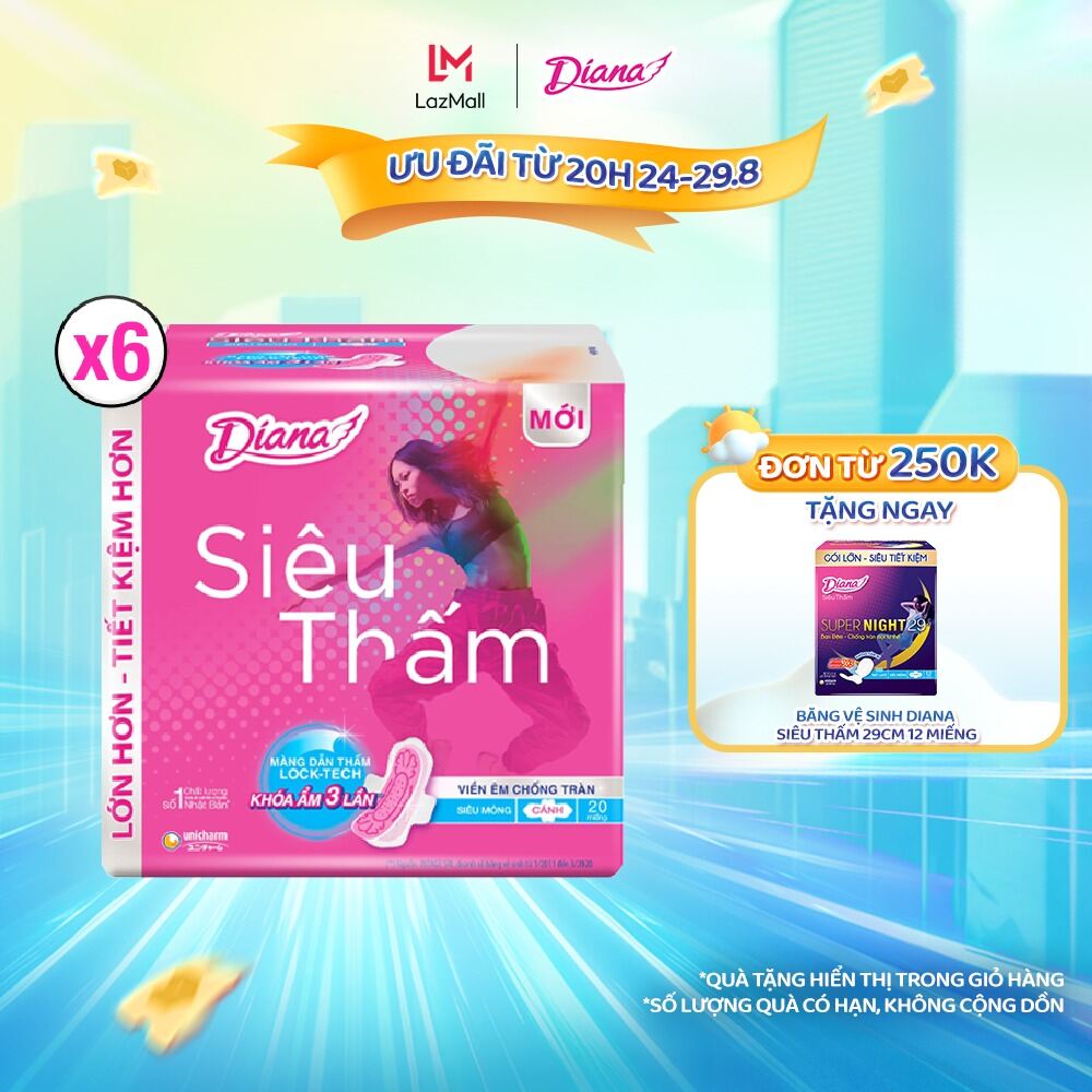 Bộ 6 băng vệ sinh Diana Siêu Thấm Siêu Mỏng Cánh gói 20 miếng