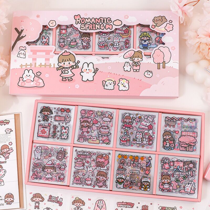 🌸Set 200 tấm sticker bé gái và hoa anh đào trang trí sổ tay, nhãn dán trang trí bullet journal, hộp quà tặng dễ thương🌸