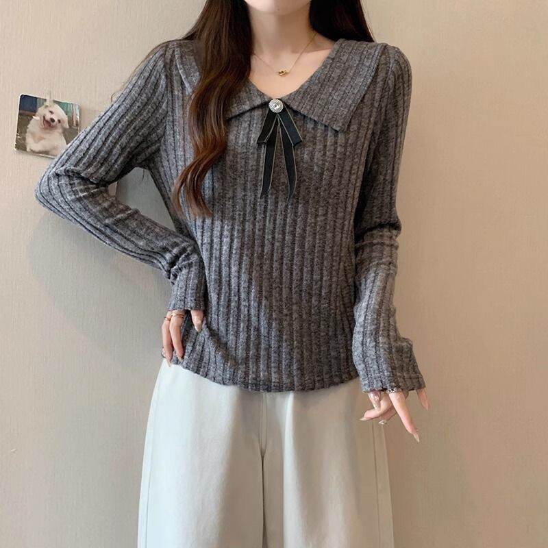 Áo Sơ Mi Dệt Kim Cổ Búp Bê Dài Tay Mùa Thu Có Nơ Thắt Nút Áo Sơ Mi Cơ Bản Đa Năng Che Giấu Mỡ Bụng C