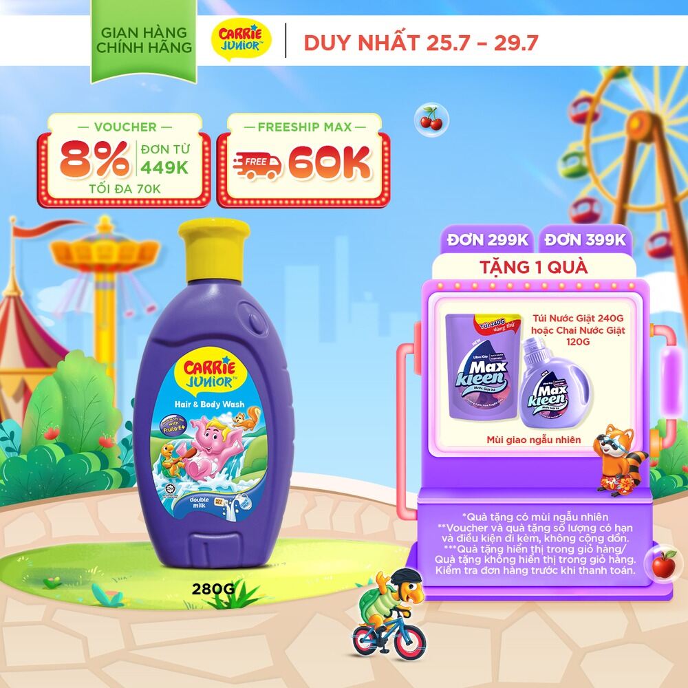 Sữa Tắm Gội cho bé Carrie Junior chiết xuất trái cây thiên nhiên Hương Tinh Chất Sữa 280g