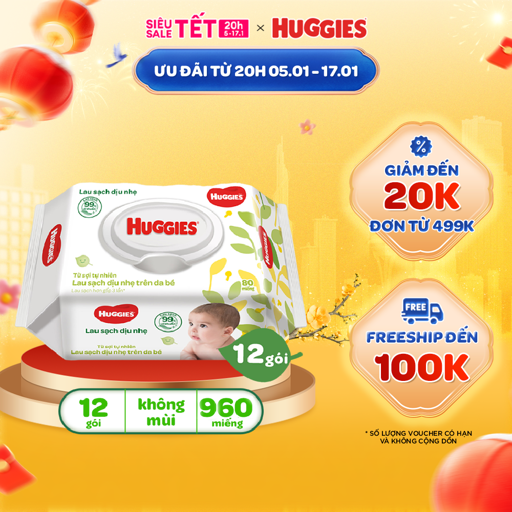 Thùng 12 gói khăn giấy ướt không mùi cho trẻ sơ sinh HUGGIES