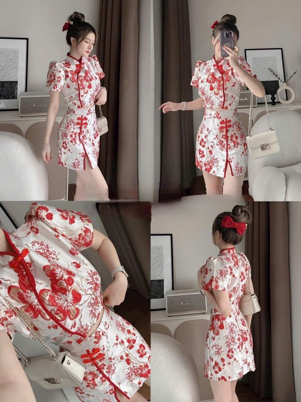 Set áo cổ tàu phối chân váy gấm hoa