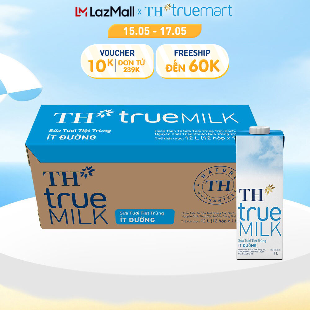 Thùng 12 hộp sữa tươi tiệt trùng TH true MILK ít đường 1 L (1 L x 12)