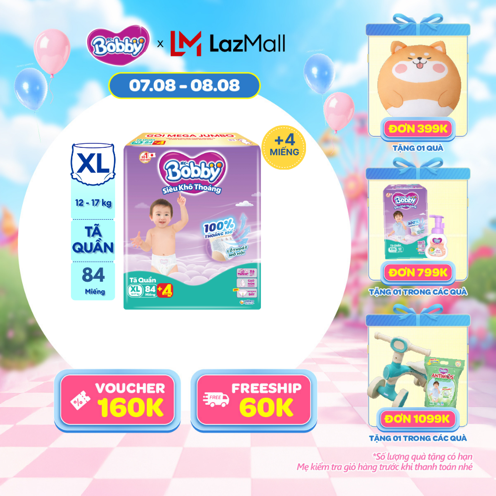 [20g 7-10.8 QUÀ TO] Tã/bỉm quần Bobby 3mm Mega Jumbo Siêu khô thoáng XL84