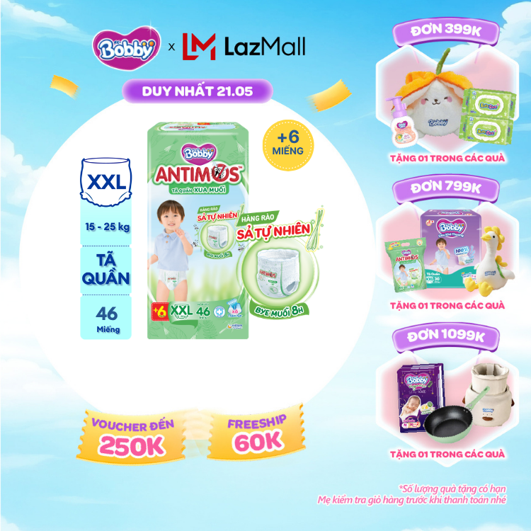 [SALE CUỐI THÁNG tặng QUÀ TO-SLCH][TẶNG KÈM 6 MIẾNG] Tã Quần Xua Muỗi Bobby Antimos – Hàng rào Sả tự nhiên Bye Muỗi 8H - Size XXL 46 miếng