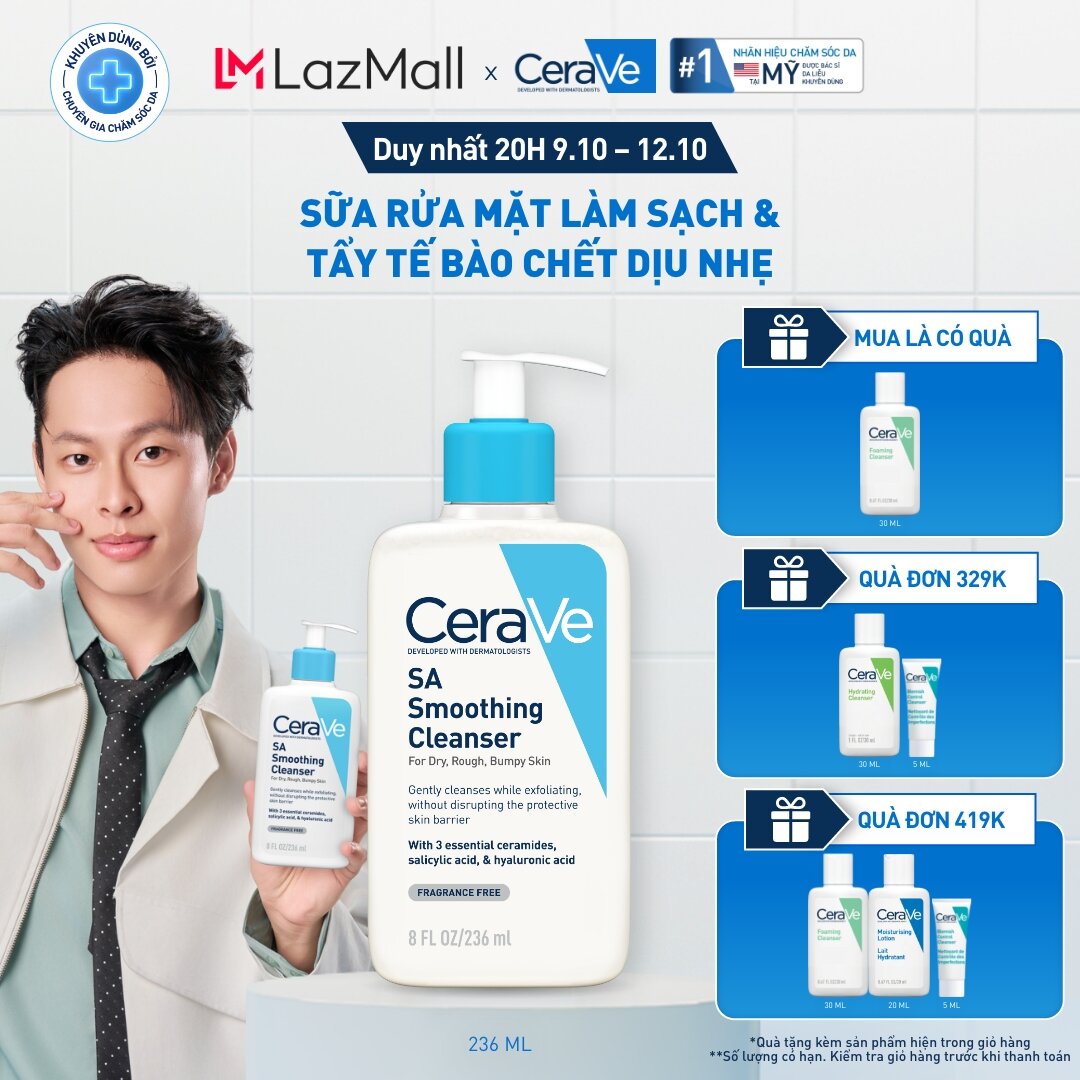 Sữa rửa mặt làm sạch da, loại bỏ dầu thừa và tẩy tế bào chết dịu nhẹ không gây khô da CeraVe SA Smoothing Cleanser 236ML