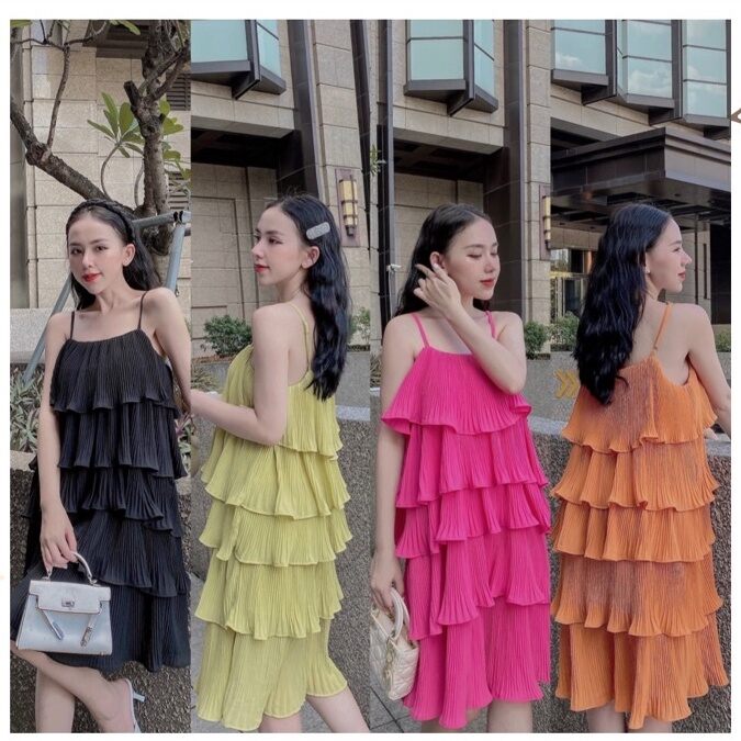 Đầm 2 dây dập ly tầng