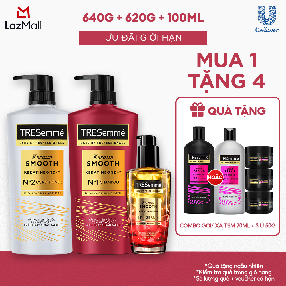  Combo Dầu Gội Dầu Xả Serum TRESemmé Keratin Smooth Keratinbond+ 640g 620g 100ml Cho Tóc Khô Xơ Rối Vào Nếp Suôn Mượt 
