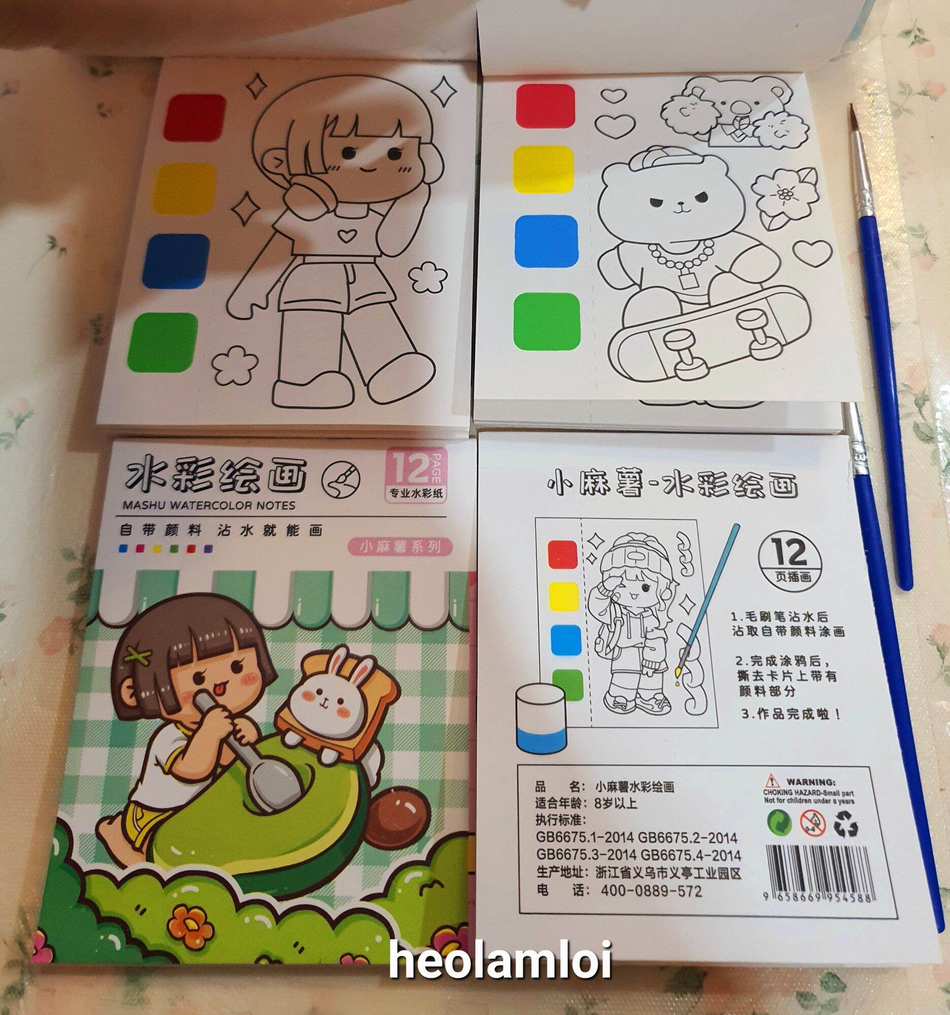 SỔ TÔ MÀU KÈM MÀU NƯỚC NÉN KHÔ VÀ CỌ CUTE DIY 12 TRANG HÌNH DỄ THƯƠNG
