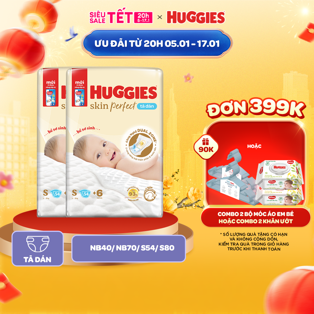 [Tặng 4 miếng cho size S80] Combo 2 Tã Dán Sơ Sinh Huggies Skin Perfect NB40/NB70/S54/S80 Với 2 Vùng Thấm Giảm Kích Ứng Da