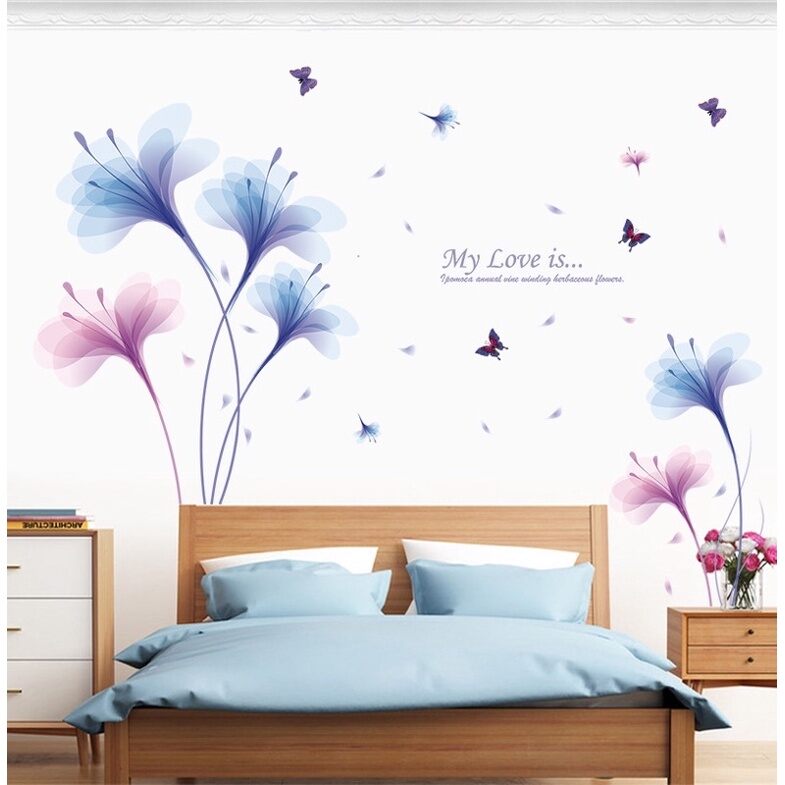 Decal dán tường pha lê tím và chân cỏ ( tranh ghép)