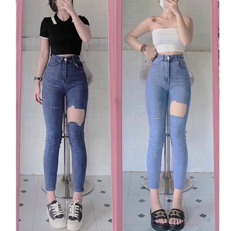 Quần jeans rách màu ô tô râu mèo - lưng siêu cao - quần bò cạp cao form ôm