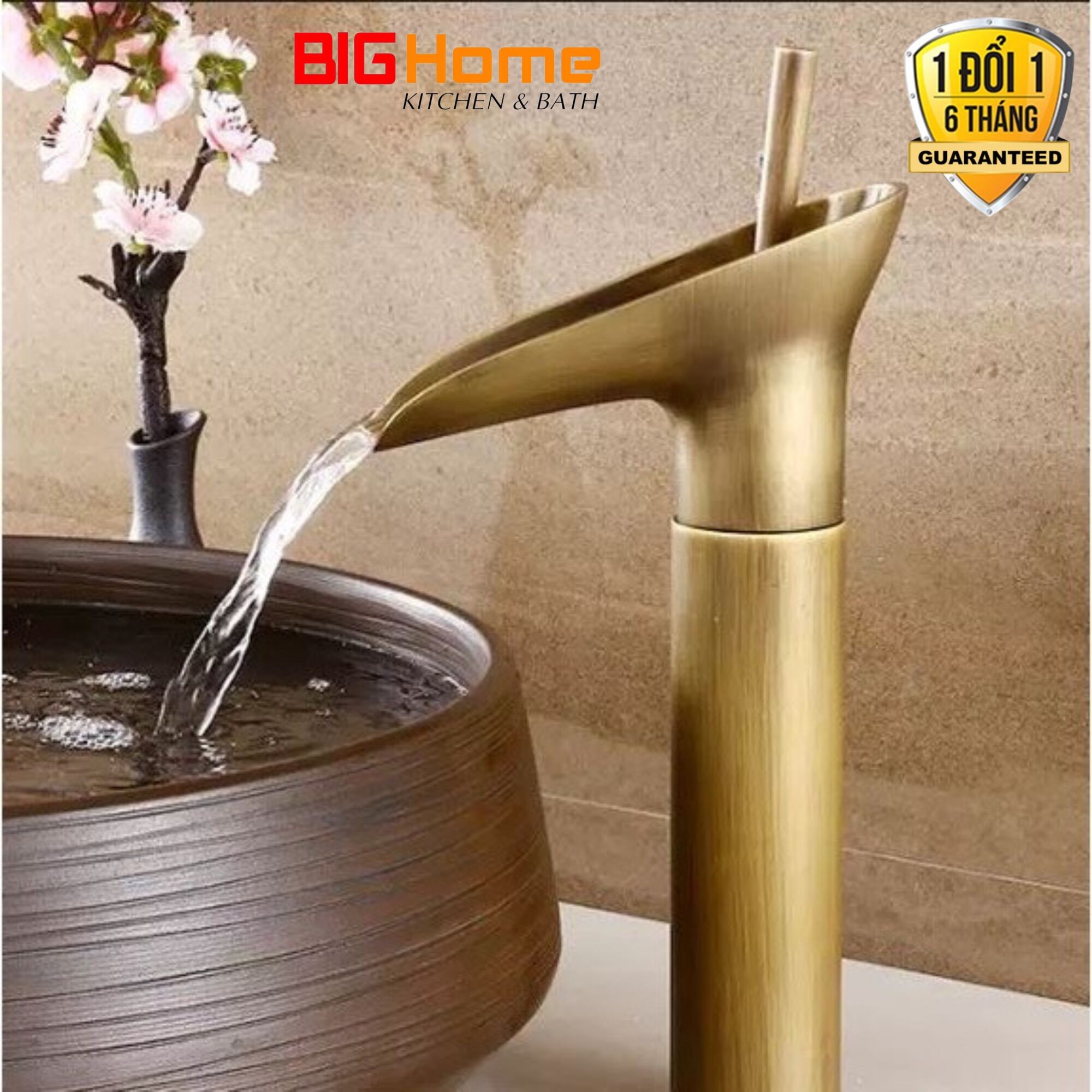 Lavabo cổ đồng thác nước 3 tấc cao cấp kèm dây cáp nóng lạnh cao cấp nhập khẩu