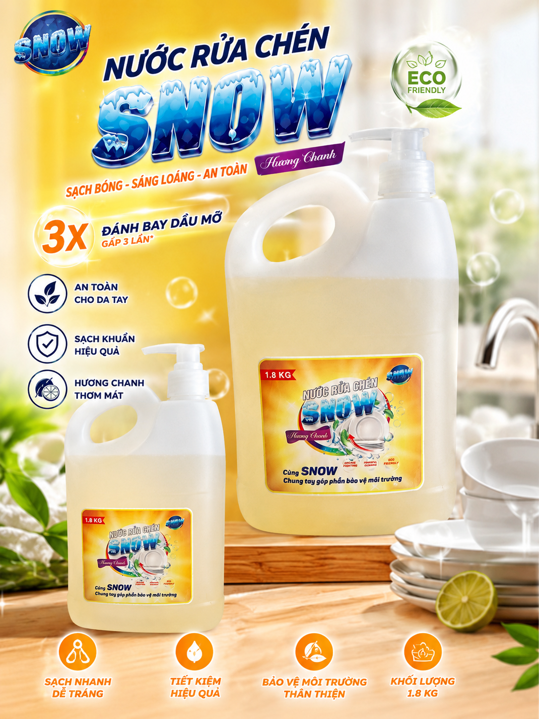 Nước rửa chén Snow - Sạch bong - Sáng loáng - An toàn - Dành bát đĩa mỏng - 1,8kg