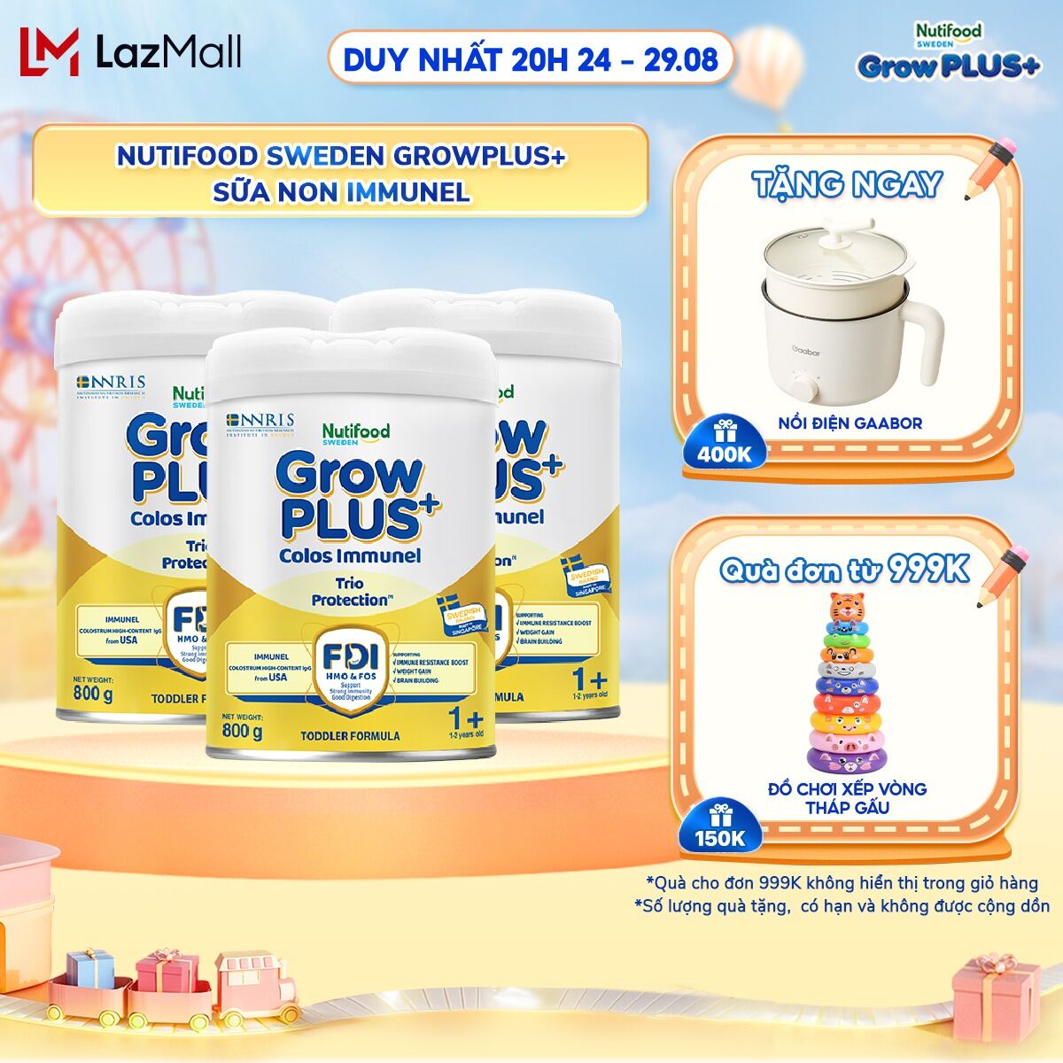 Combo 3 sữa bột nutifood sweden growplus+ sữa non immunel từ 1 - 2 tuổi lon 800 g