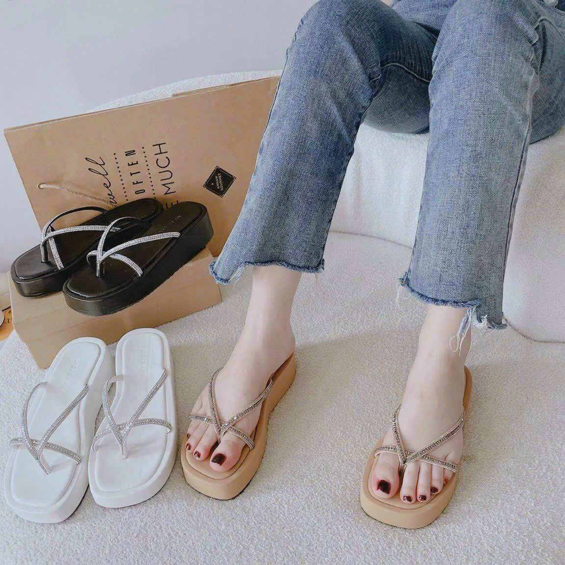 Dép bánh mì đế bằng kẹp ngón dây xoàn cao 3 phân
