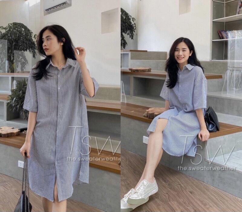 Đầm sọc dài thời trang form suông xanh nhạt size sml