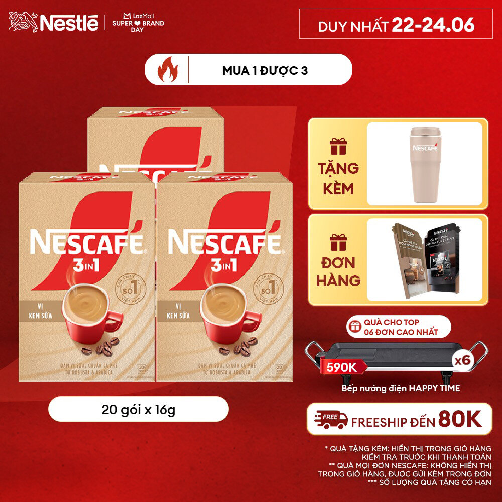 [ƯU ĐÃI THÁNG 6] Combo 3 Hộp Cà phê hòa tan NESCAFÉ 3IN1 VỊ KEM SỮA 20 gói