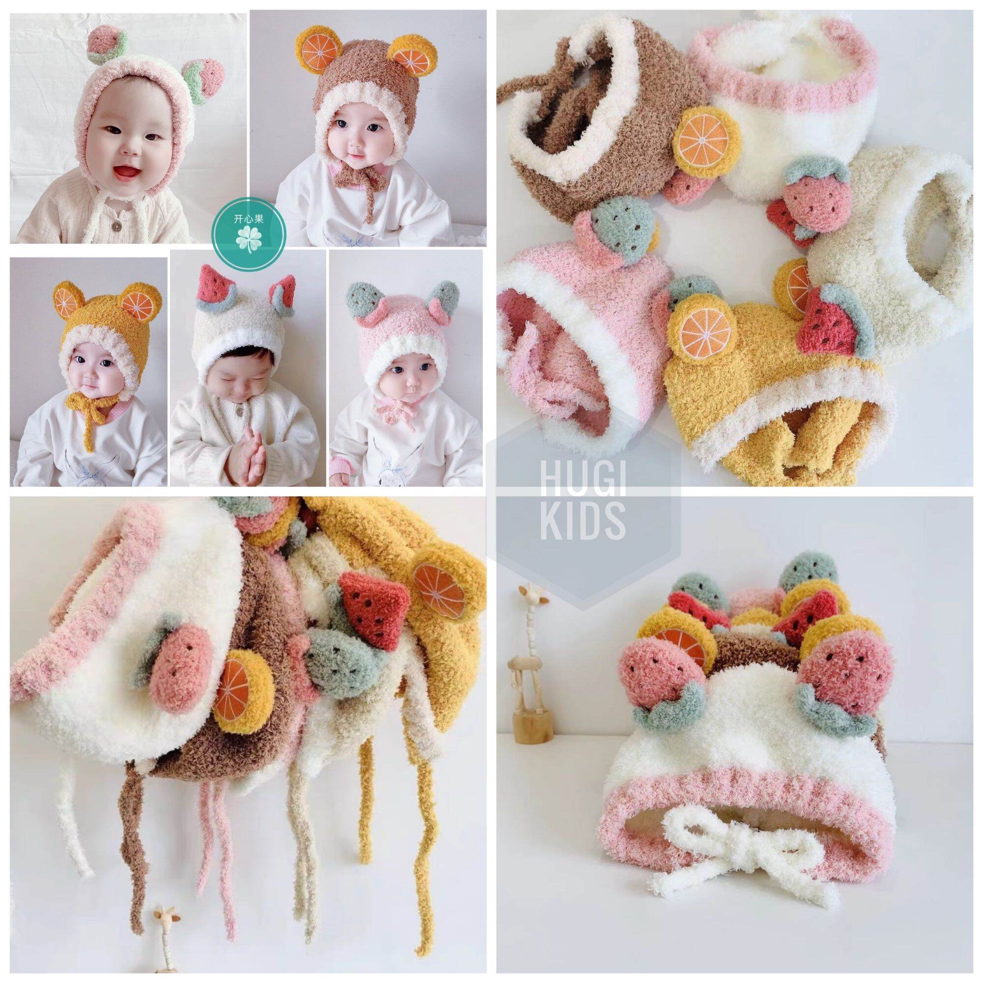 Mũ len lông cừu trái cây trùm tai có dây buộc cho bé trai và gái từ 6tháng - 3tuổi