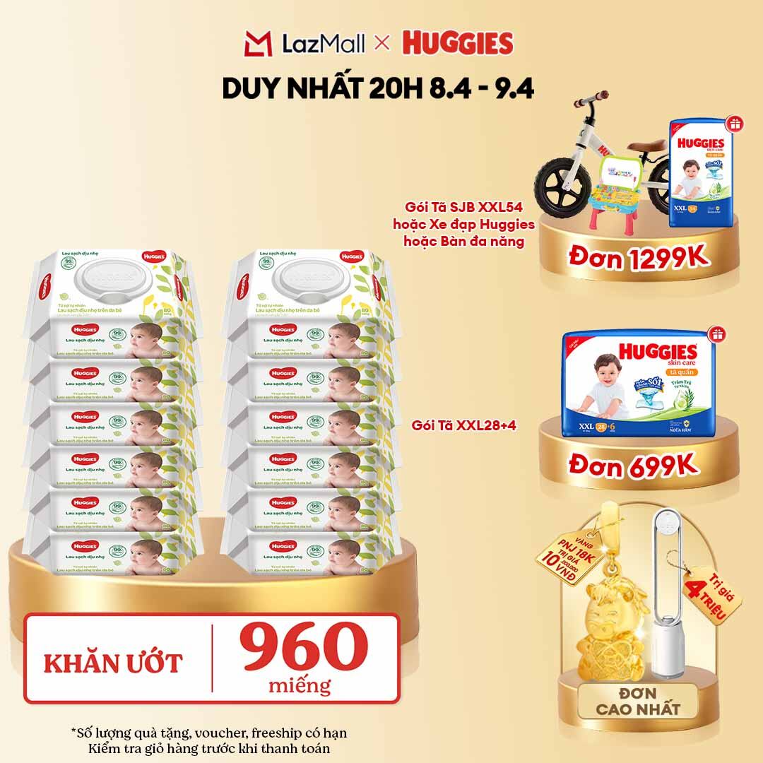 [CHỈ 10.04 GIẢM THÊM 90K] Thùng khăn giấy ướt 12 gói Huggies 80 miếng không mùi