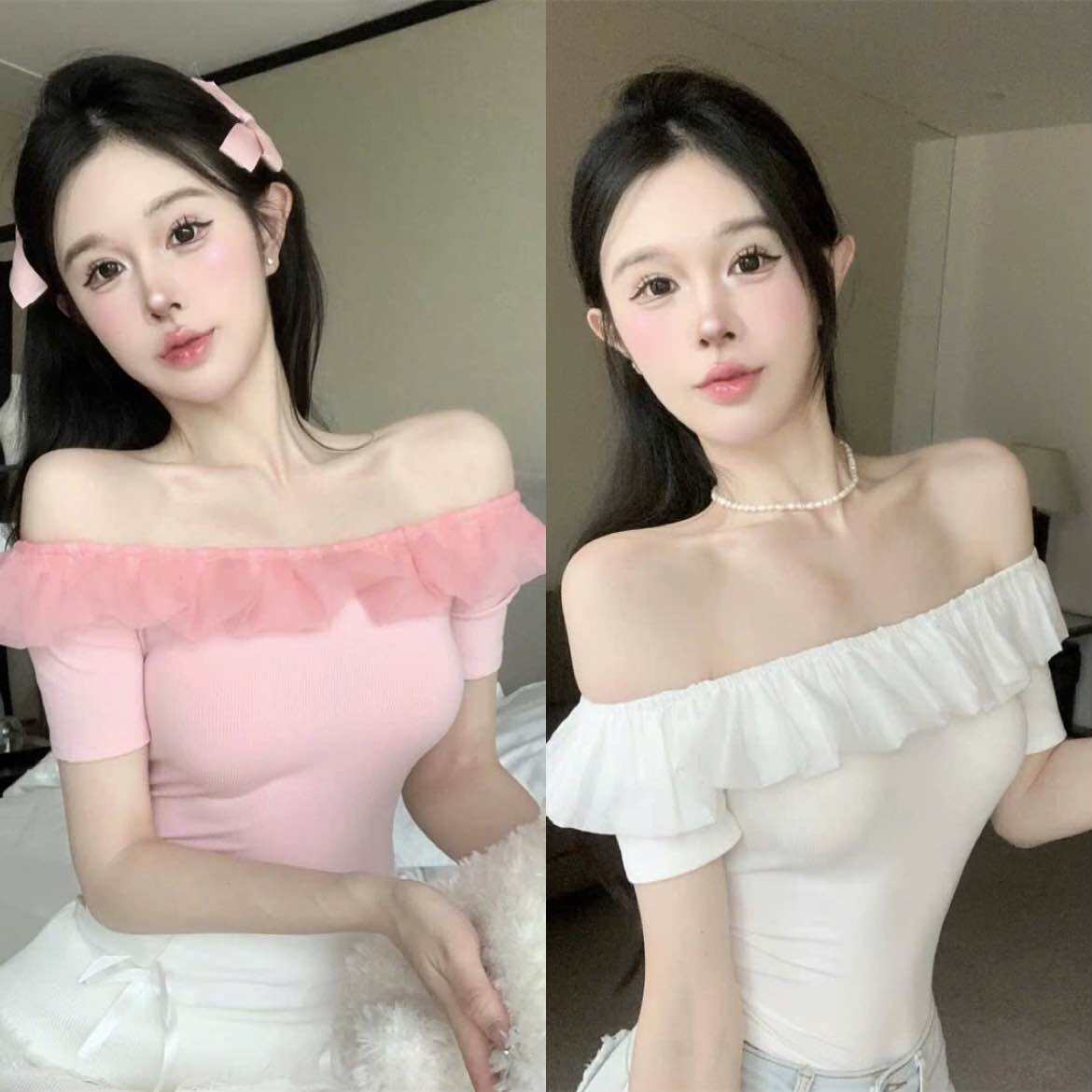 Áo kiểu tiểu thư bẹt vai phối voan xinh 🫶🫶🫶910 Áo thun len trễ vai lệch vai cho nữ