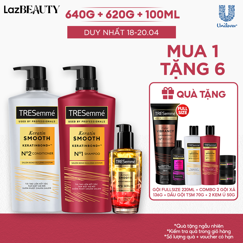 Combo Dầu Gội, Dầu Xả, Serum TRESemmé Keratin Smooth Keratinbond+ 640g, 620g, 100ml Cho Tóc Khô Xơ Rối Vào Nếp Suôn Mượt
