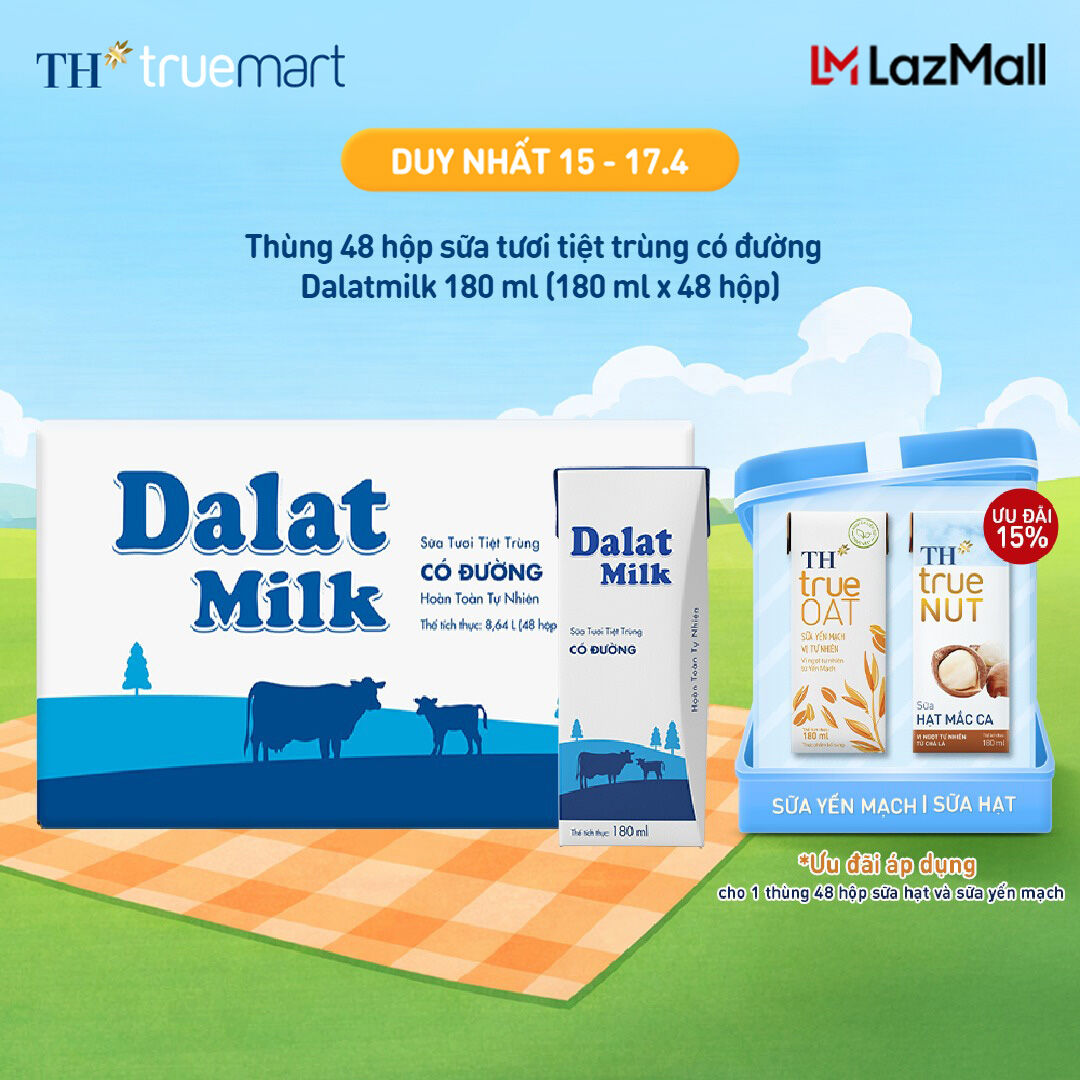Thùng 48 hộp sữa tươi tiệt trùng  Dalatmilk có đường 180 ml (180 ml x 48)