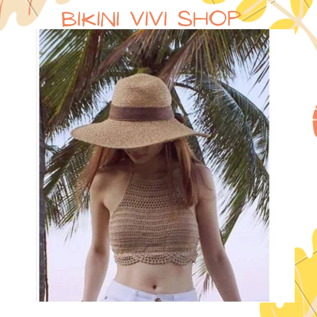 Áo len móc đi biển, bikini len đan tay dáng yếm màu kem [Kèm Ảnh Thật]