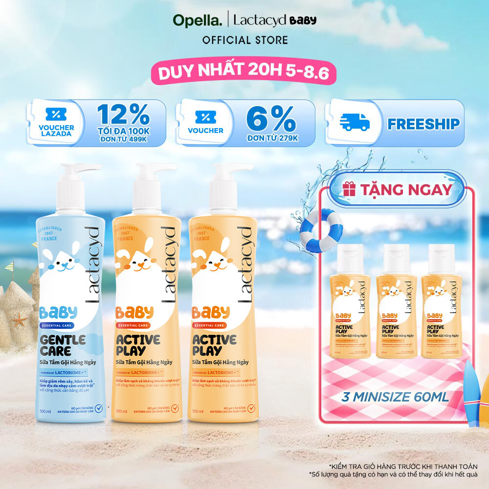 Bộ 2 Chai Sữa Tắm Gội Trẻ em Lactacyd Baby Active Play 500ml +1 Chai Lactacyd Baby Gentle Care 500ml