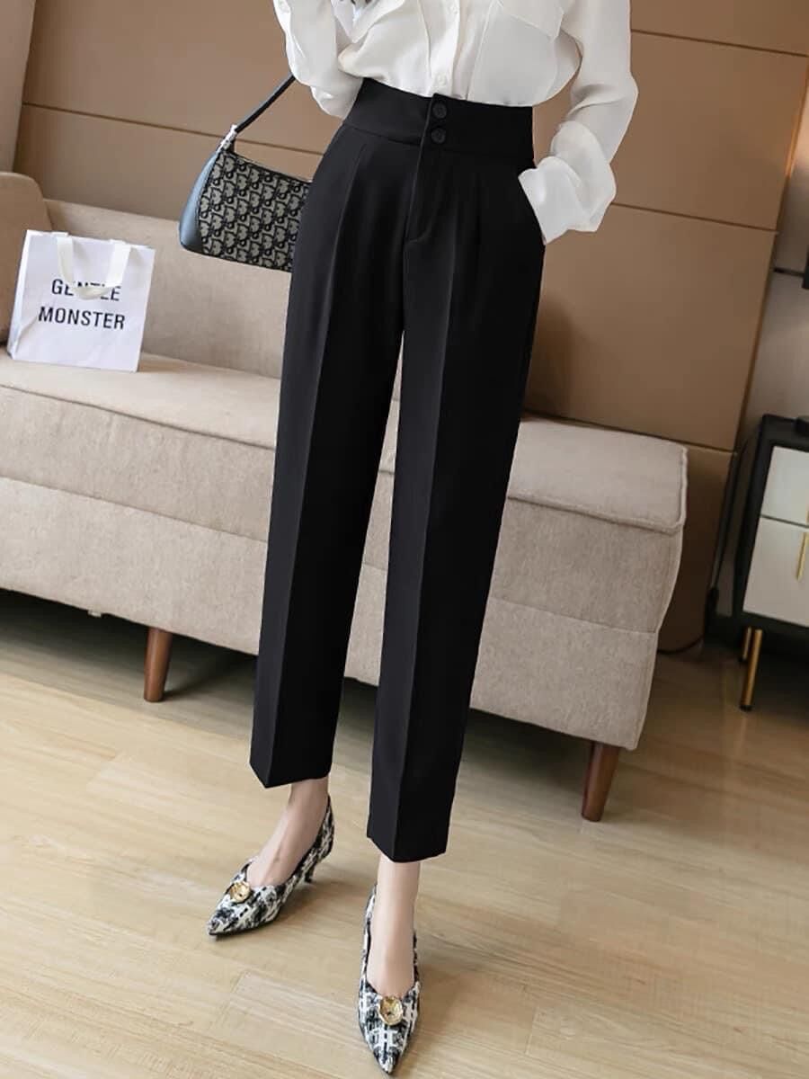 Quần baggy nữ lưng chun sau thiết kế cạp cao 2 cúc thẳng, quần baggy vải công sở dáng dài ống đứng milala shop