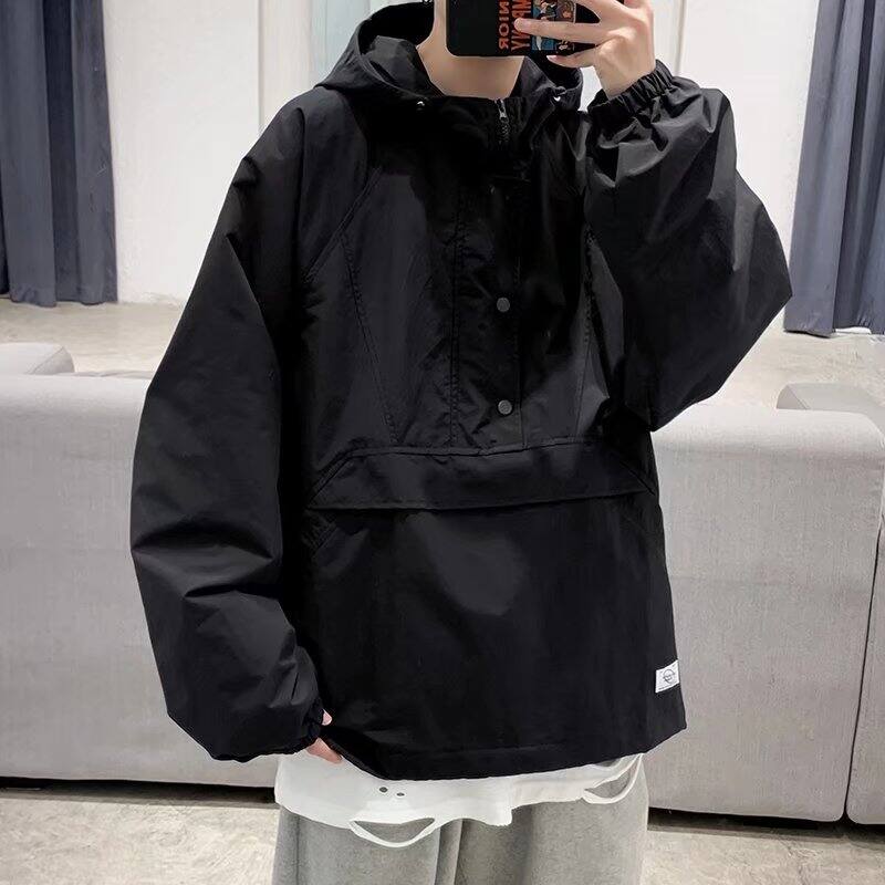 Áo Khoác Ngoài Liền Mũ Kiểu Nhật Áo Khoác Jacket Chui Đầu Rộng Rãi Thương Hiệu Sành Điệu Instagram Lót Lông Dày Dặn Mùa Thu Đông Cho Nam Áo Gió