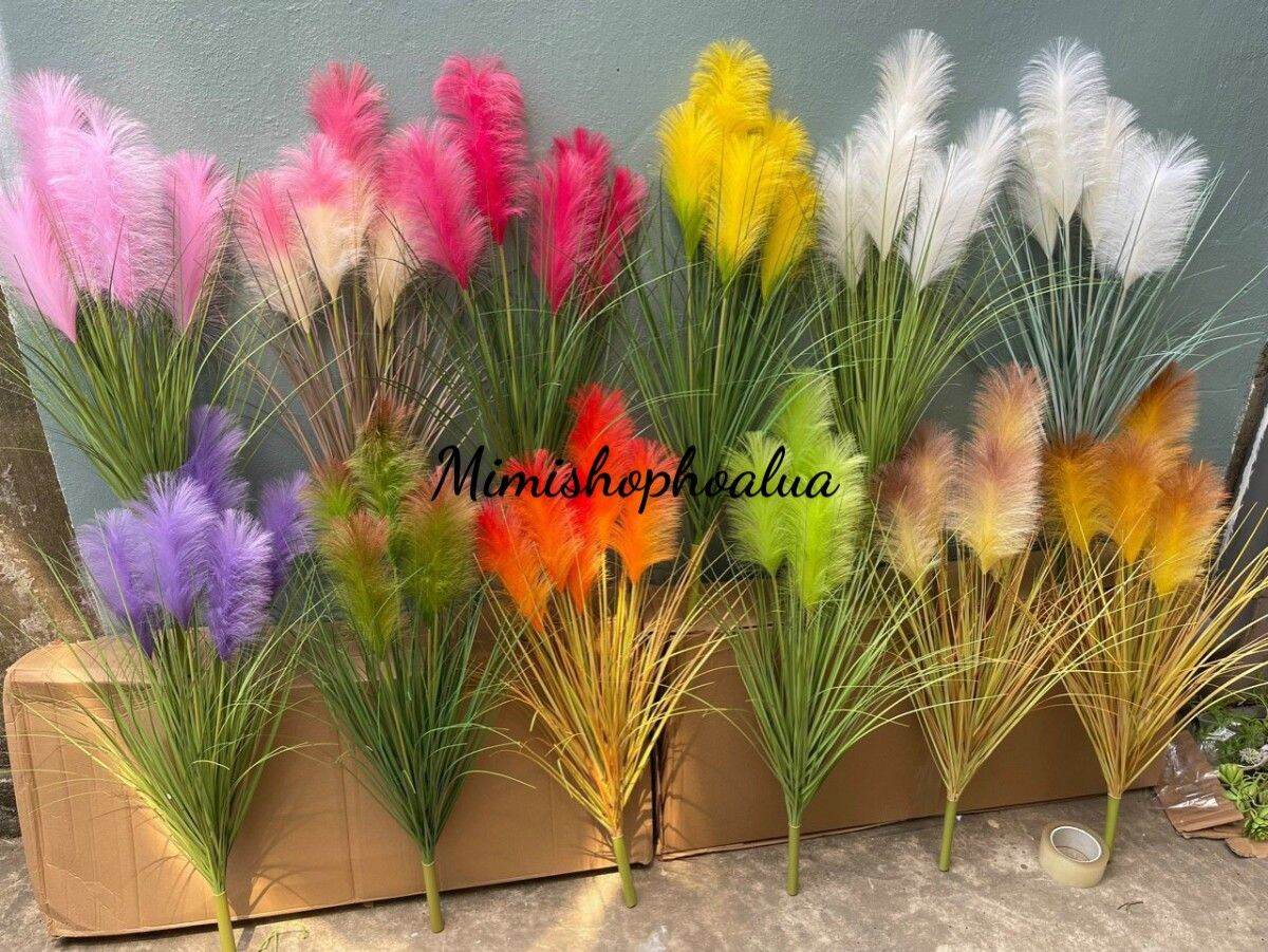 Cành Cỏ Lau giả 5 nhánh giả trang trí - cành lau xù loại 1 bông to, cành dài 90 cm