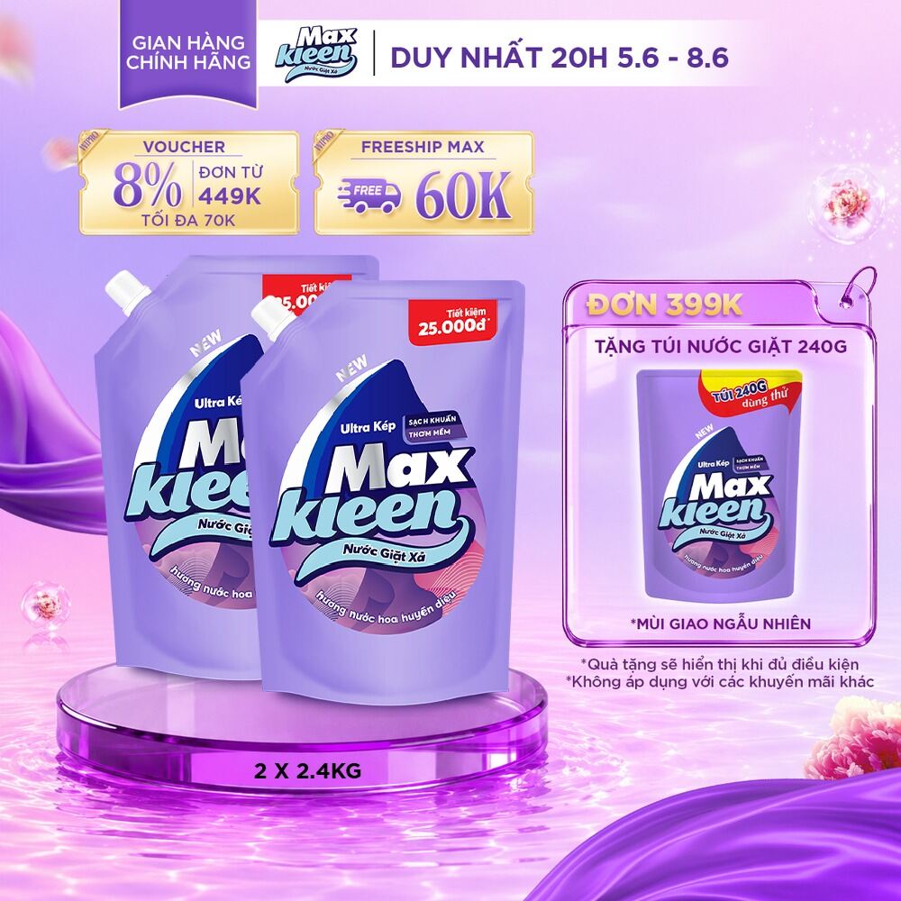 Combo 2 Túi Nước Giặt Xả MaxKleen 2.4kg (Huyền Diệu/ Hoa Nắng/ Vườn Sớm Mai/ Cam Sả)