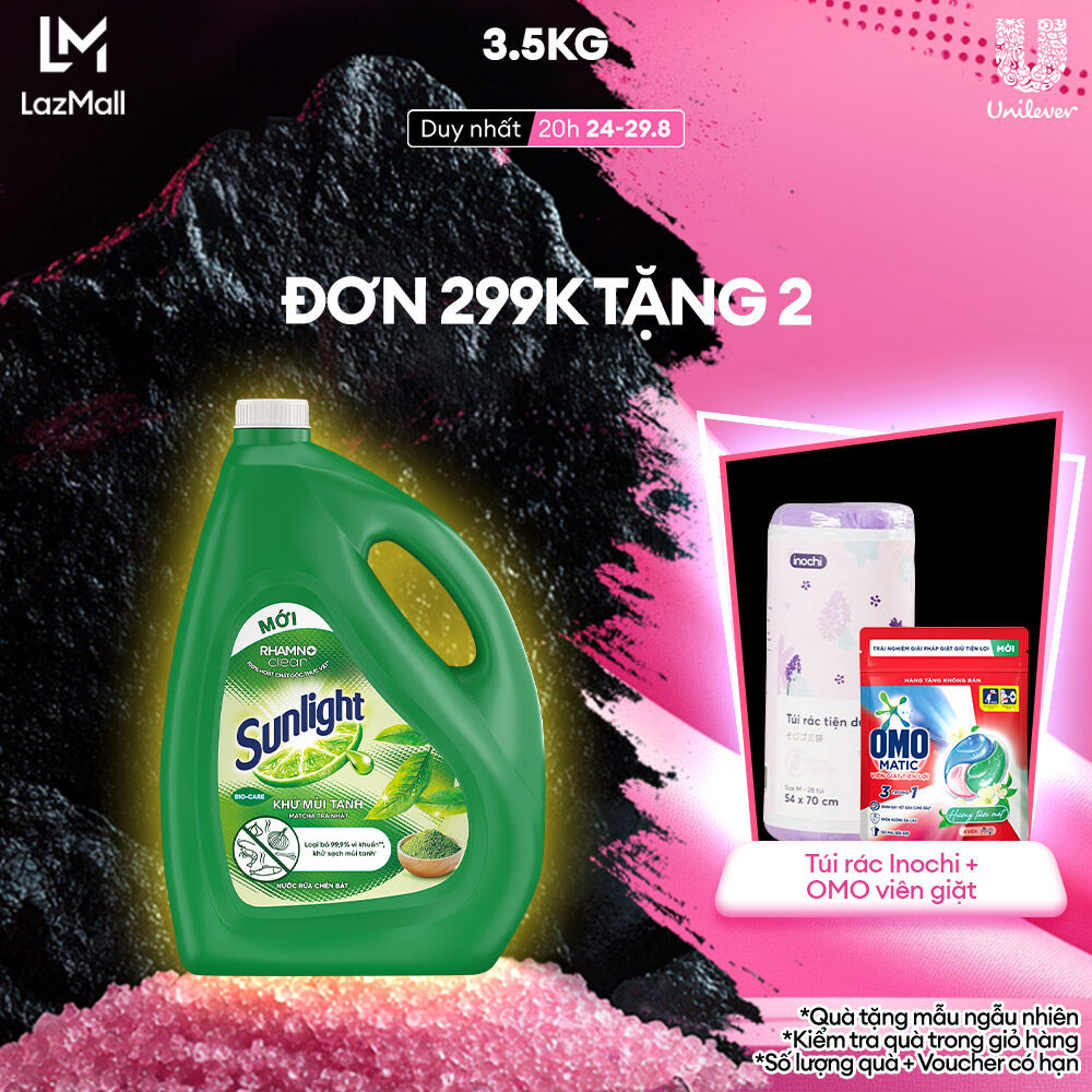 Nước rửa chén Sunlight Khử mùi tanh Matcha Trà Nhật 100% Gốc thực vật Chai 3.4kg