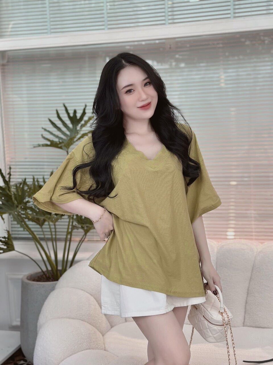 Áo thun cổ tim cotton giấy fom bự BG