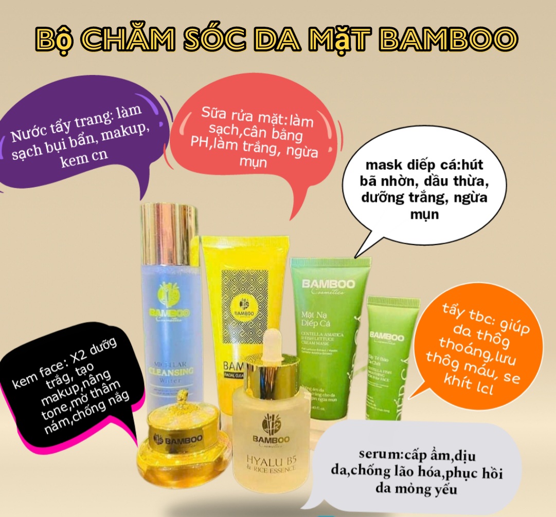 Trọn bộ:Kem Face, Serum B5, Tẩy Trang, Sữa Rửa Mặt, Combo mặt nạ diếp cá và tẩy tế bào chết Bamboo