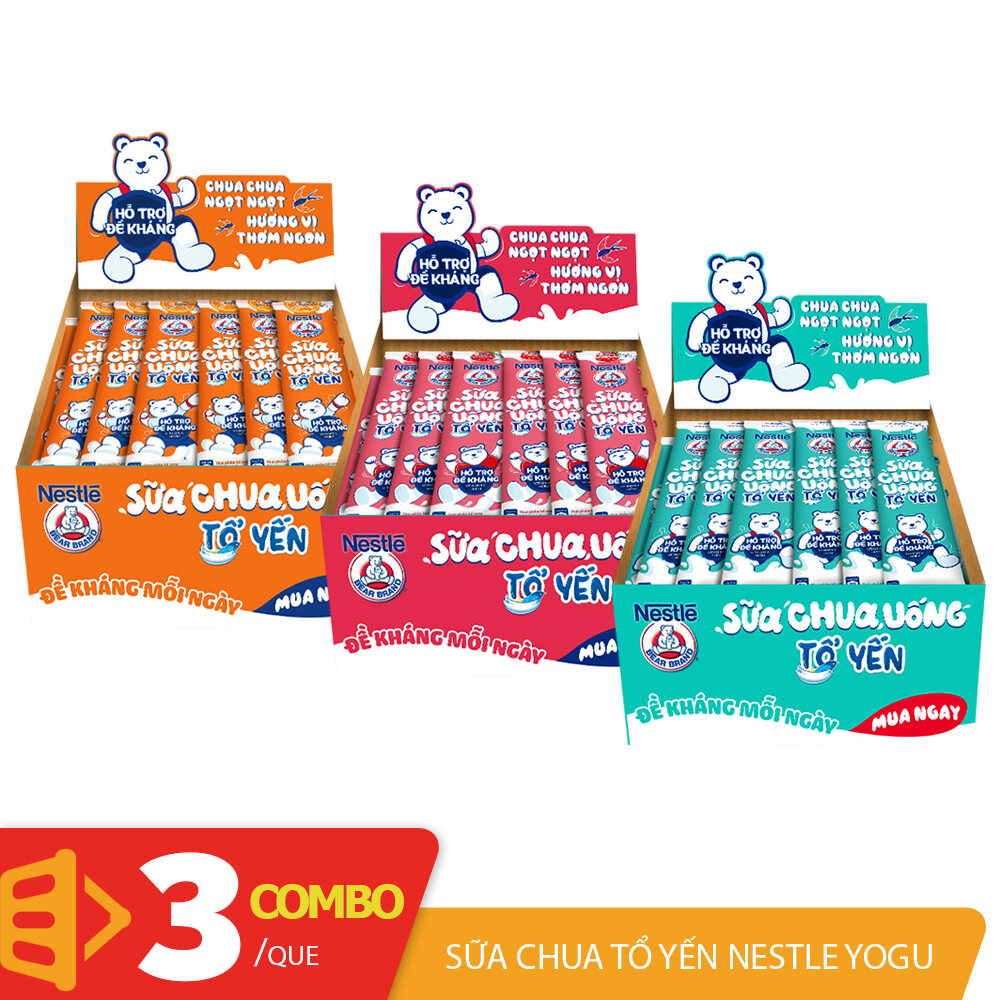 Combo 3 que sữa chua tổ yến uống liền Nestle Yogu 85ml vị Cam Dâu Yogu mix 3 vị