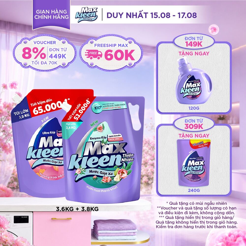 Combo Túi Nước Giặt Xả MaxKleen Thiên Nhiên 3.6kg  Túi 3.8kg (Hoa Nắng/ Huyền Diệu/Vườn Sớm Mai)