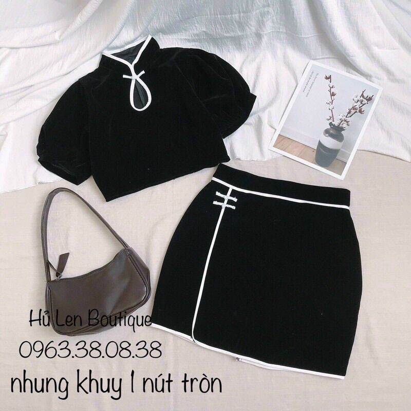 Set áo nhung cổ tàu kèm chân váy