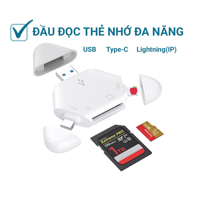 Mới - Đầu đọc thẻ nhớ SD, TF đa năng 3in1 Type c, Lightning, USB dùng cho nhiều thiết bị iPhone,iPad, máy tính, điện thoại